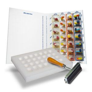 Qube 7-Day, 4-Pass (4-doses per Day) Multi-Med Disposable Mini 8" Tall Blister Card Starter Kit with 26 Cards & Blisters, Sealing Template & Roller